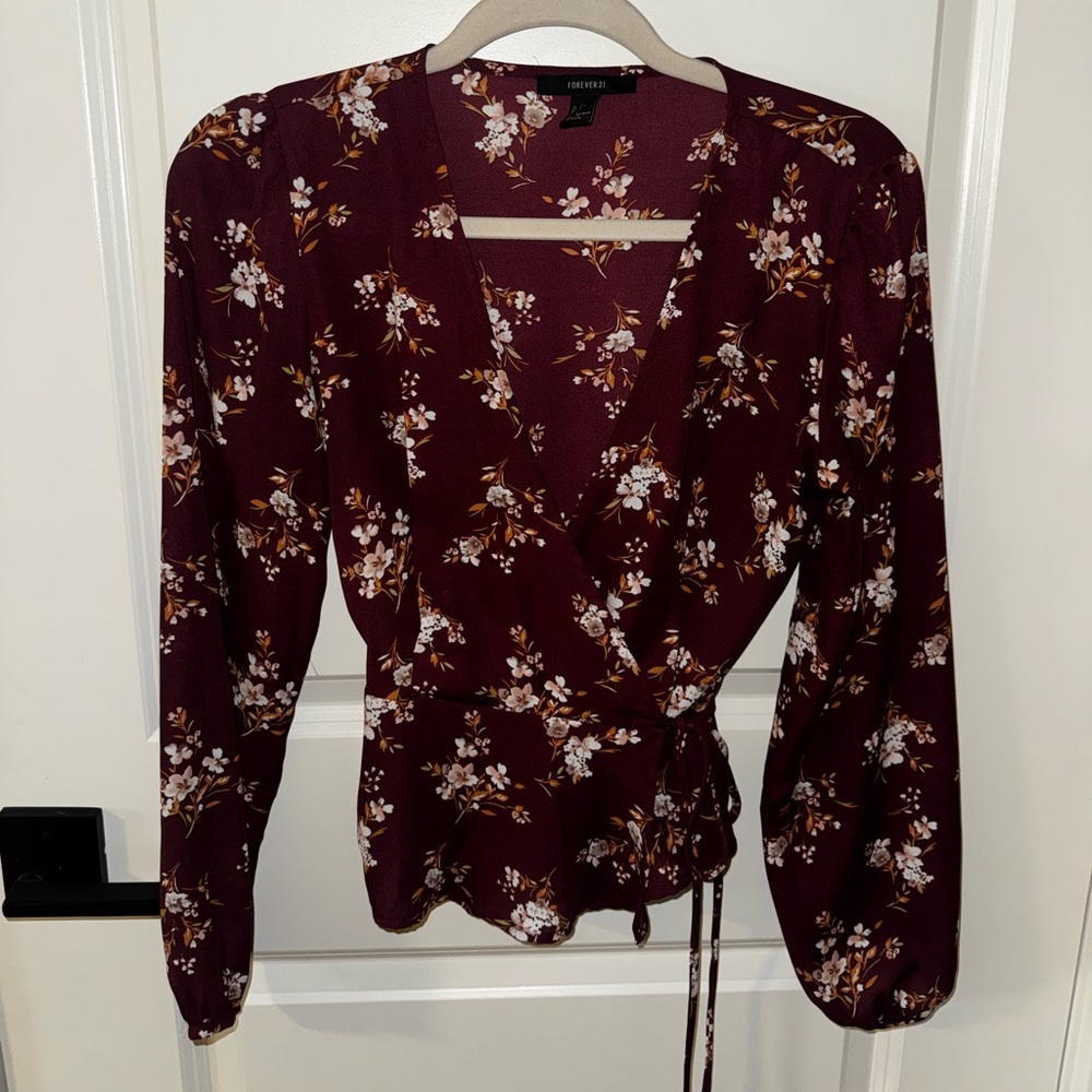 Forever 21 Burgundy Floral Wrap Blouse